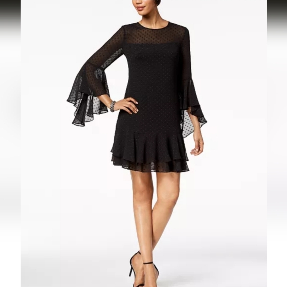Vince Camuto Black Clip-Dot Chiffon DressBell Sleeve Ruffle Hem Dress Sz. 8 NWT